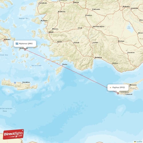 Paphos - Mykonos direct flight map