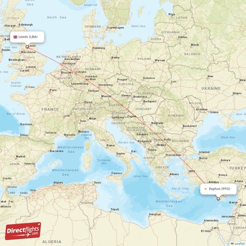 Paphos - Leeds direct flight map