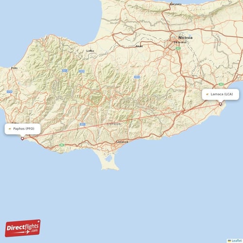Paphos - Larnaca direct flight map