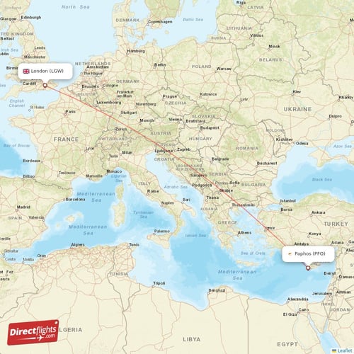 Paphos - London direct flight map