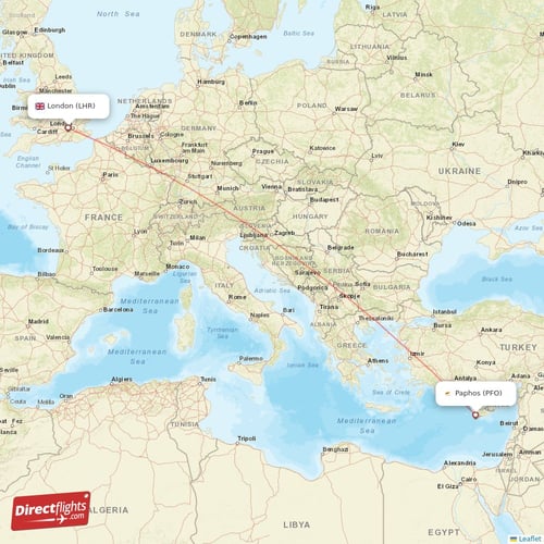 Paphos - London direct flight map