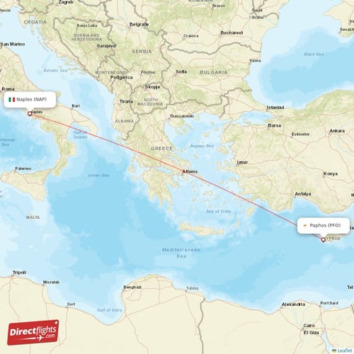 Paphos - Naples direct flight map