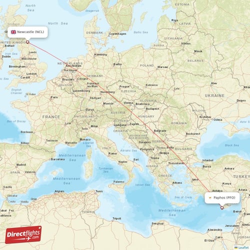 Paphos - Newcastle direct flight map