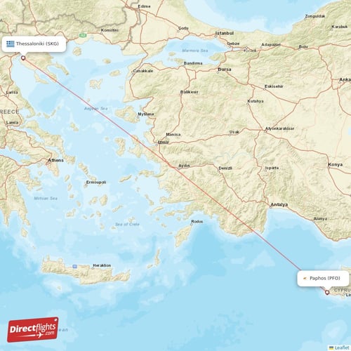 Paphos - Thessaloniki direct flight map