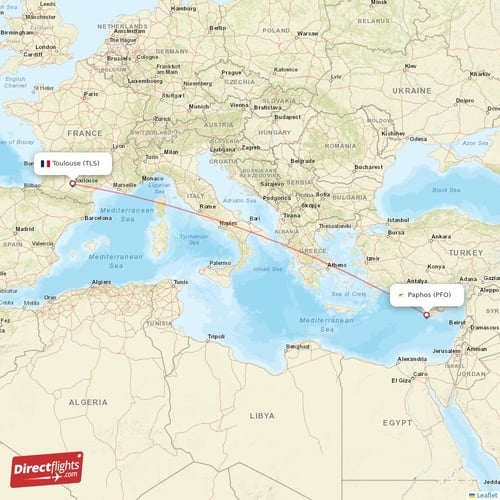 Paphos - Toulouse direct flight map