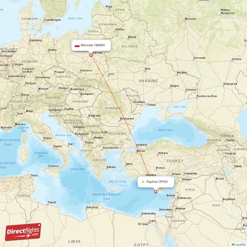 Paphos - Warsaw direct flight map