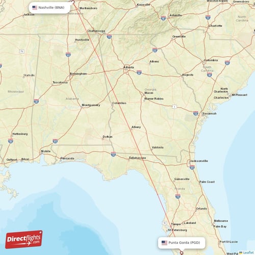 Punta Gorda - Nashville direct flight map