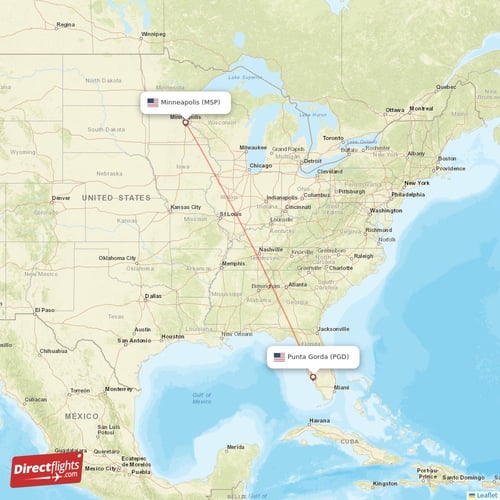 Punta Gorda - Minneapolis direct flight map