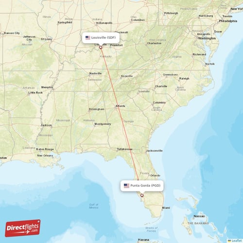 Punta Gorda - Louisville direct flight map