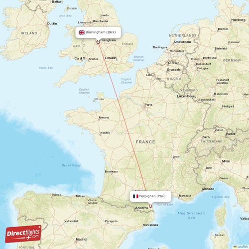 Perpignan - Birmingham direct flight map