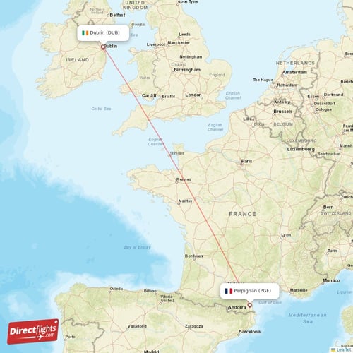 Perpignan - Dublin direct flight map