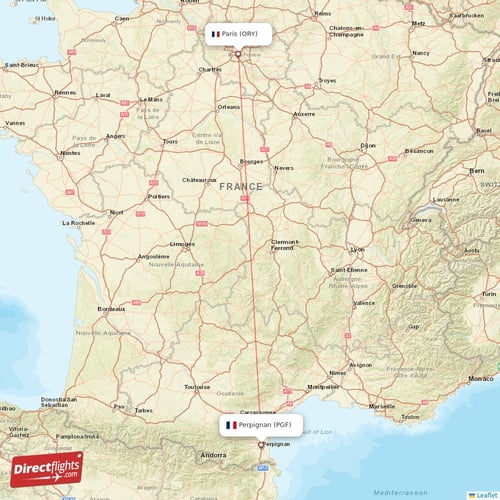 Perpignan - Paris direct flight map