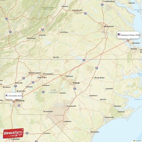 Newport News - Charlotte direct flight map