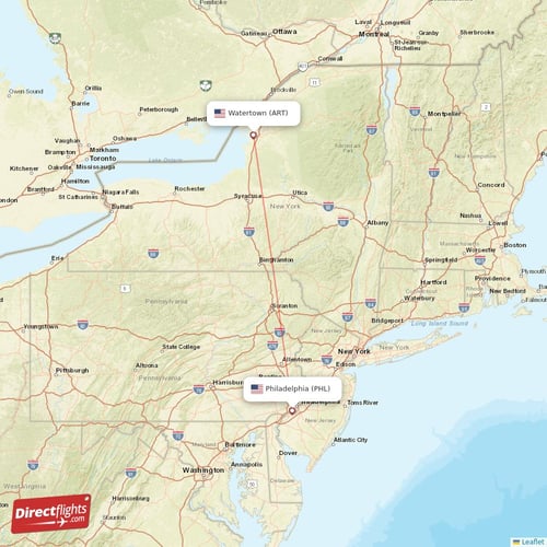Philadelphia - Watertown direct flight map