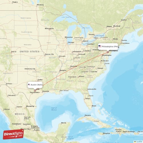 Philadelphia - Austin direct flight map
