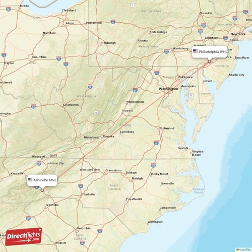 Philadelphia - Asheville direct flight map