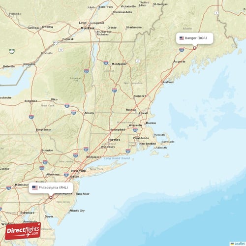 Philadelphia - Bangor direct flight map