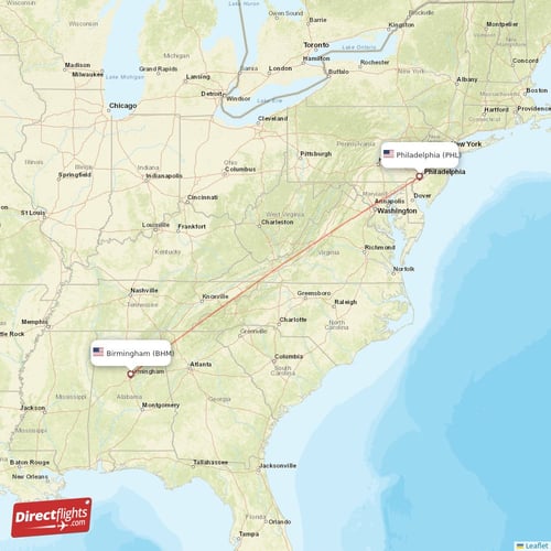 Philadelphia - Birmingham direct flight map