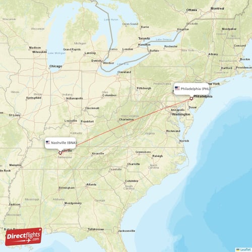 Philadelphia - Nashville direct flight map