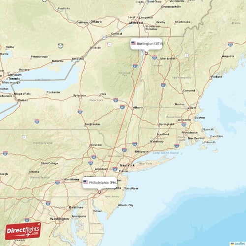 Philadelphia - Burlington direct flight map