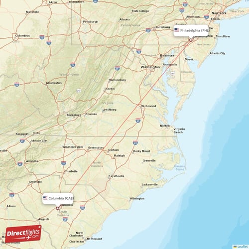 Philadelphia - Columbia direct flight map