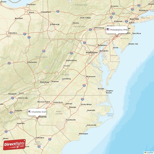 Philadelphia - Charlotte direct flight map