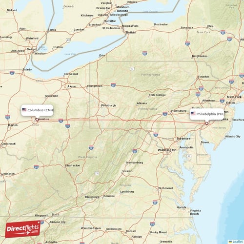 Philadelphia - Columbus direct flight map