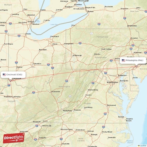 Philadelphia - Cincinnati direct flight map
