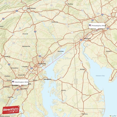 Philadelphia - Washington direct flight map