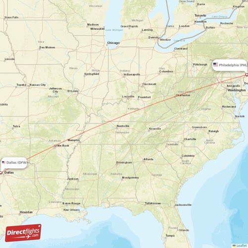 Philadelphia - Dallas direct flight map
