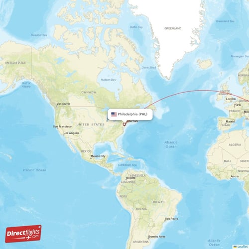Philadelphia - Doha direct flight map