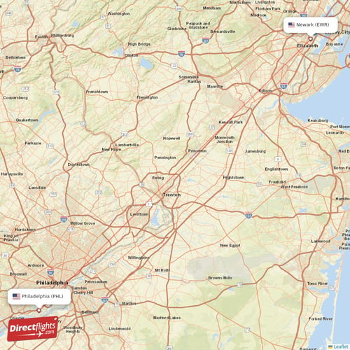 Philadelphia - New York direct flight map