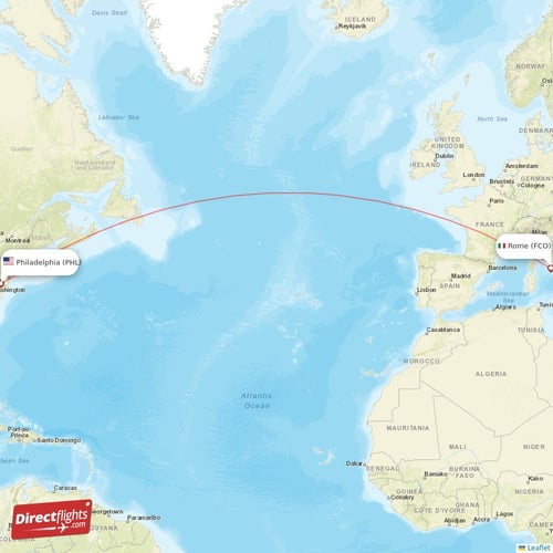 Philadelphia - Rome direct flight map