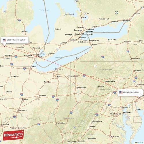 Philadelphia - Grand Rapids direct flight map