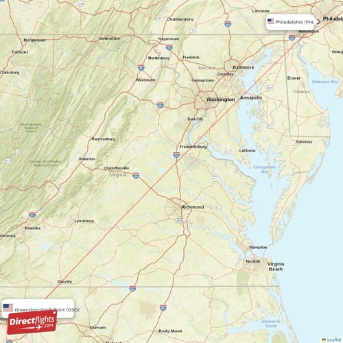 Philadelphia - Greensboro/High Point direct flight map