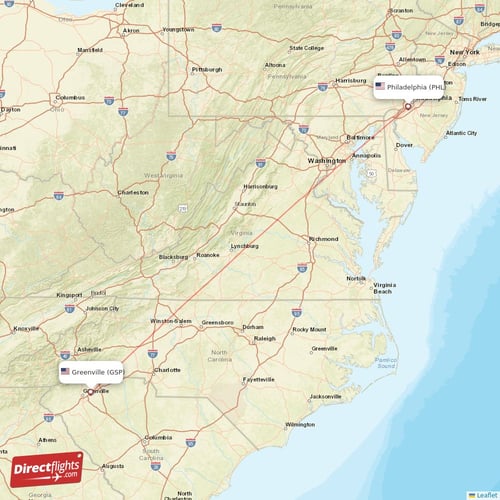 Philadelphia - Greenville direct flight map
