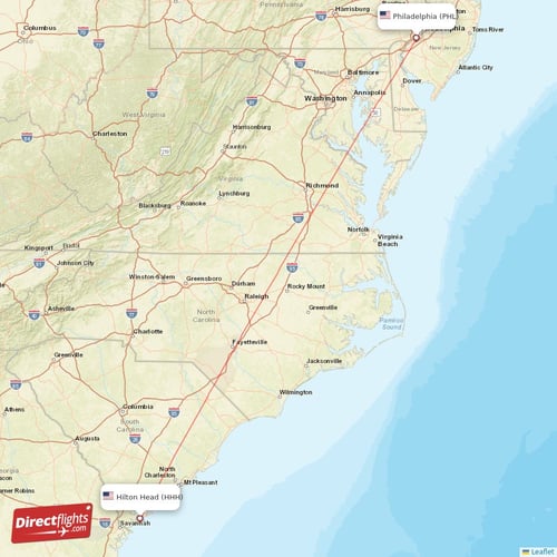 Philadelphia - Hilton Head direct flight map