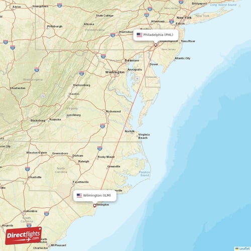 Philadelphia - Wilmington direct flight map