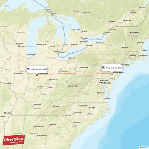 Philadelphia - Indianapolis direct flight map