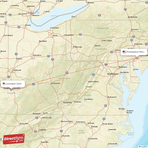 Philadelphia - Lexington direct flight map