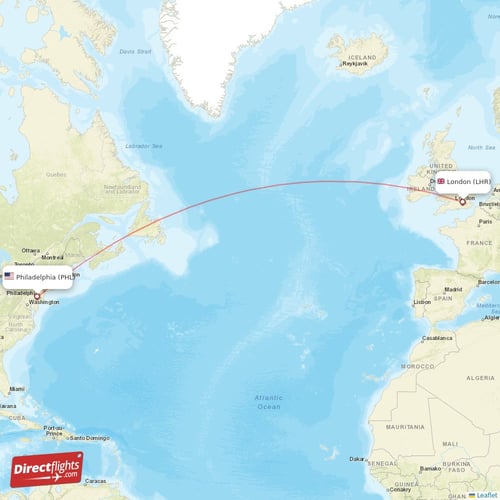 Philadelphia - London direct flight map