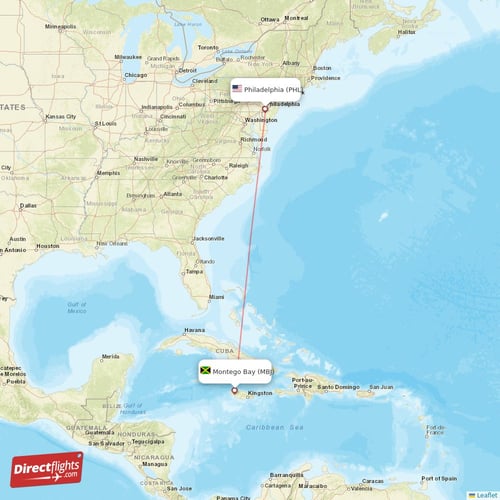 Philadelphia - Montego Bay direct flight map