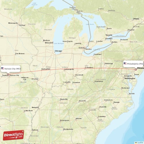 Philadelphia - Kansas City direct flight map