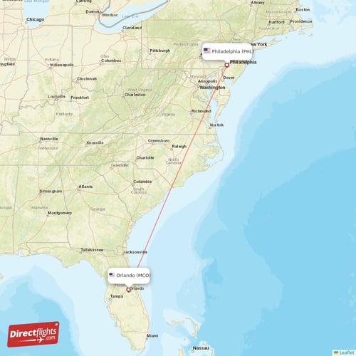 Philadelphia - Orlando direct flight map