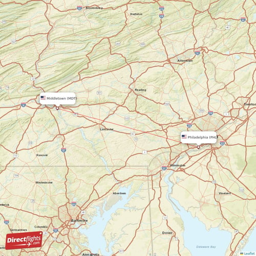 Philadelphia - Middletown direct flight map