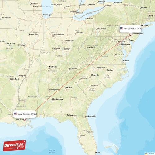 Philadelphia - New Orleans direct flight map