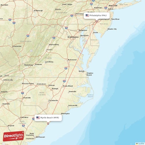 Philadelphia - Myrtle Beach direct flight map