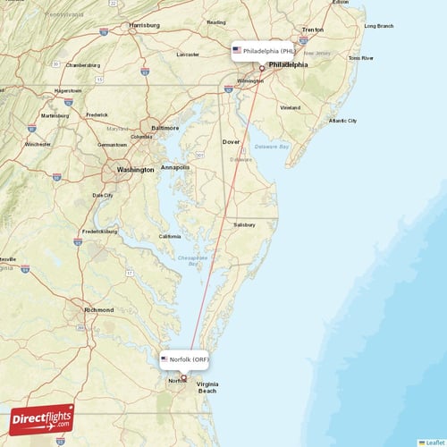 Philadelphia - Norfolk direct flight map