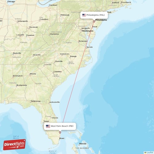 Philadelphia - West Palm Beach direct flight map