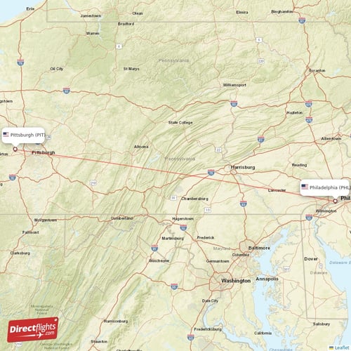 Philadelphia - Pittsburgh direct flight map